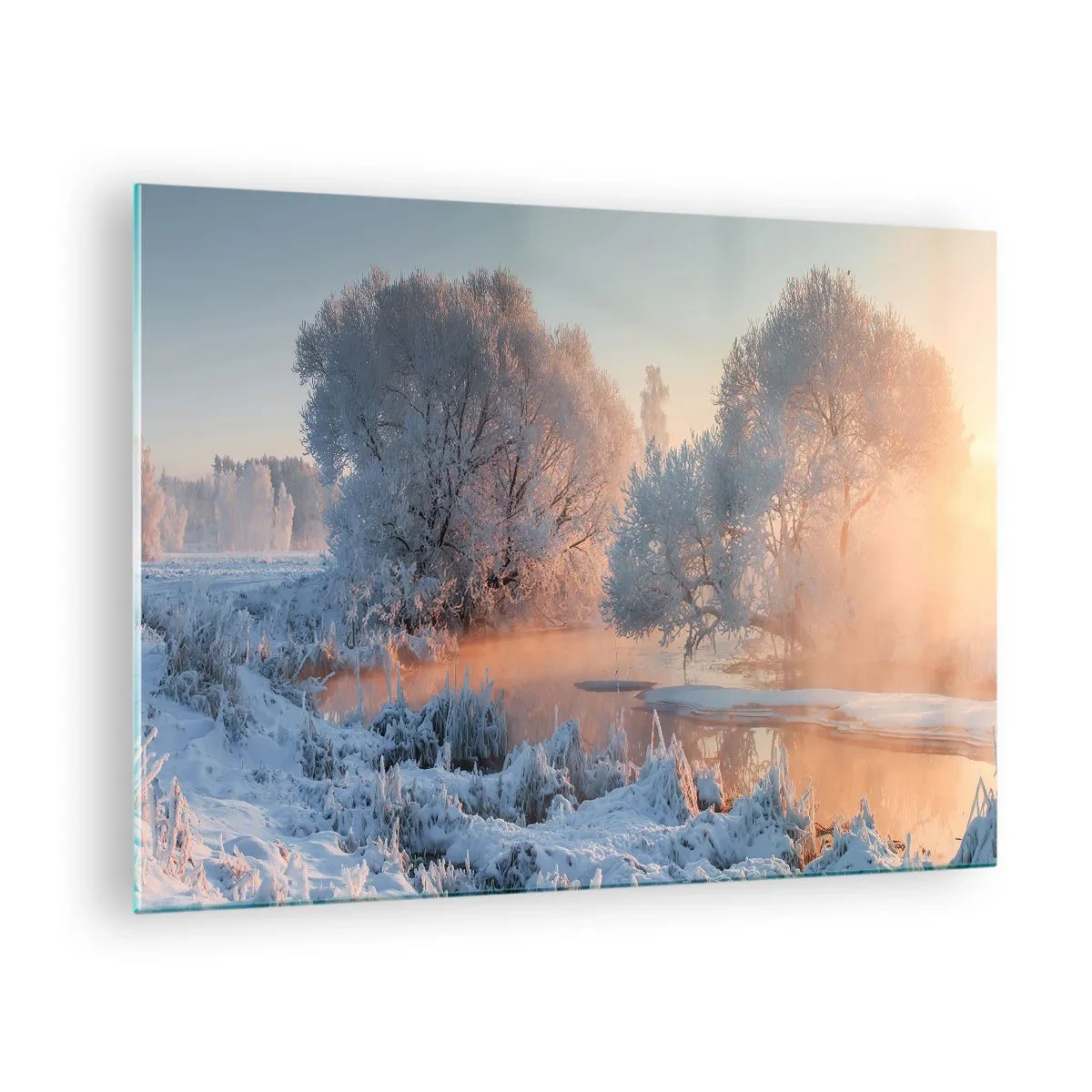Tablou pe sticlă - Peisaj de iarnă cu un lac înghețat și ceață de dimineață - 70x50cm - Totul strălucește în cristal însorit - Decorațiune modernă pentru perete pentru living și dormitor ARTTOR