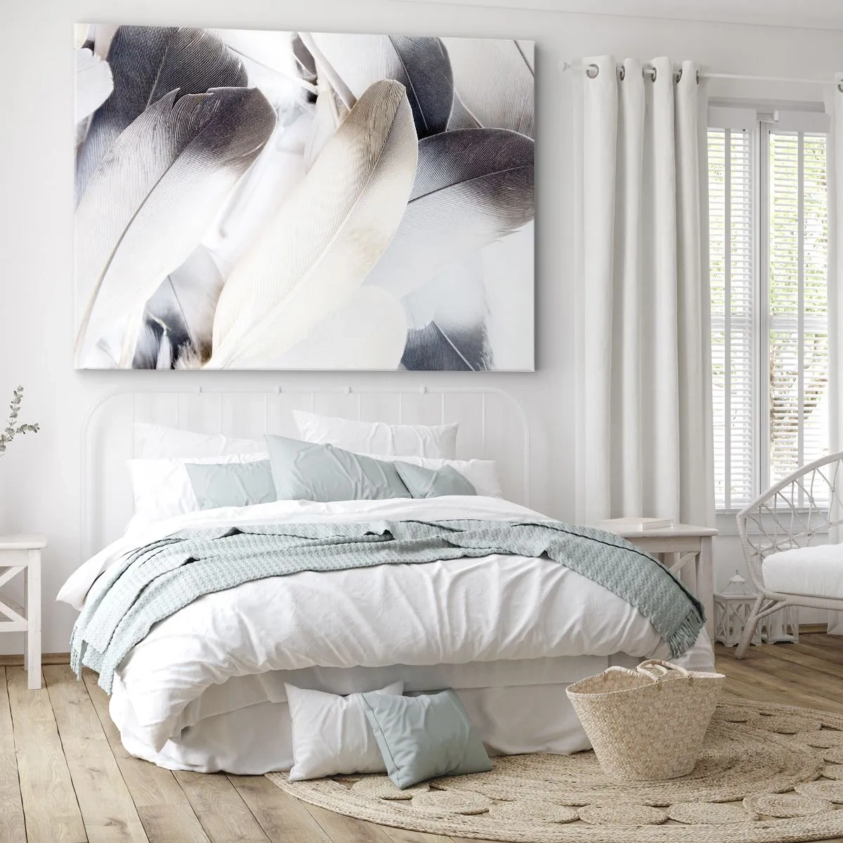 Tablou pe pânză Canvas - Prim-plan al unor pene delicate în nuanțe de alb și gri - 70x50cm - Aproape angelice - Decorațiune modernă pentru perete pentru living și dormitor ARTTOR