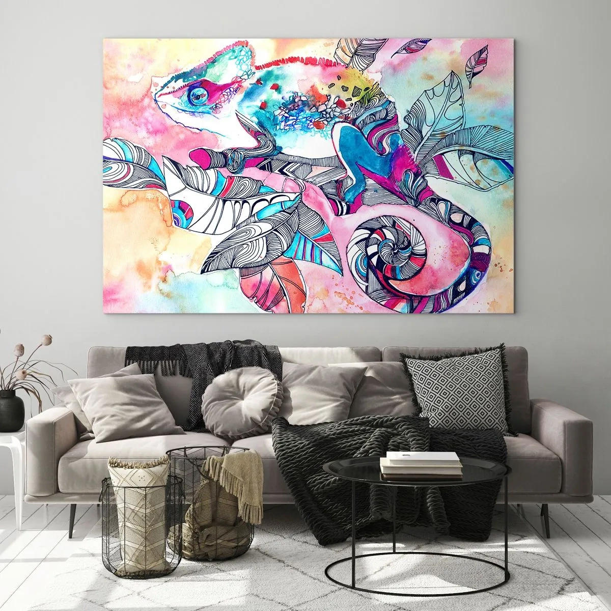 Tablou pe sticlă - Cameleon colorat printre frunze în stil acuarelă - 70x50cm - Colorat ca și lumea noastră - Decorațiune modernă pentru perete pentru living și dormitor ARTTOR