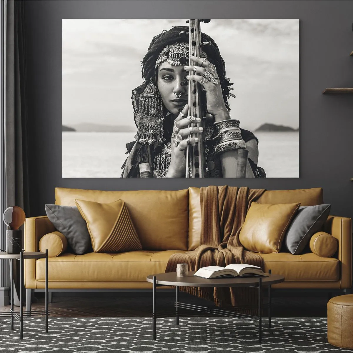 Tablou pe sticlă - Femeie în bijuterii orientale cu un instrument - 70x50cm - Muzica orientală în sine - Decorațiune modernă pentru perete pentru living și dormitor ARTTOR