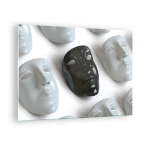 Tablou pe sticlă - O mască alb-negru pe un fundal de măști albe pe un fundal deschis - 70x50cm - Cum să ieșiți în evidență? - Decorațiune modernă pentru perete pentru living și dormitor ARTTOR