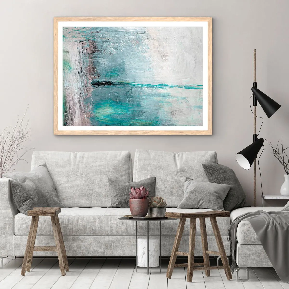 Poster în ramă de stejar deschis - Orizontal în albastru - 50x40 cm