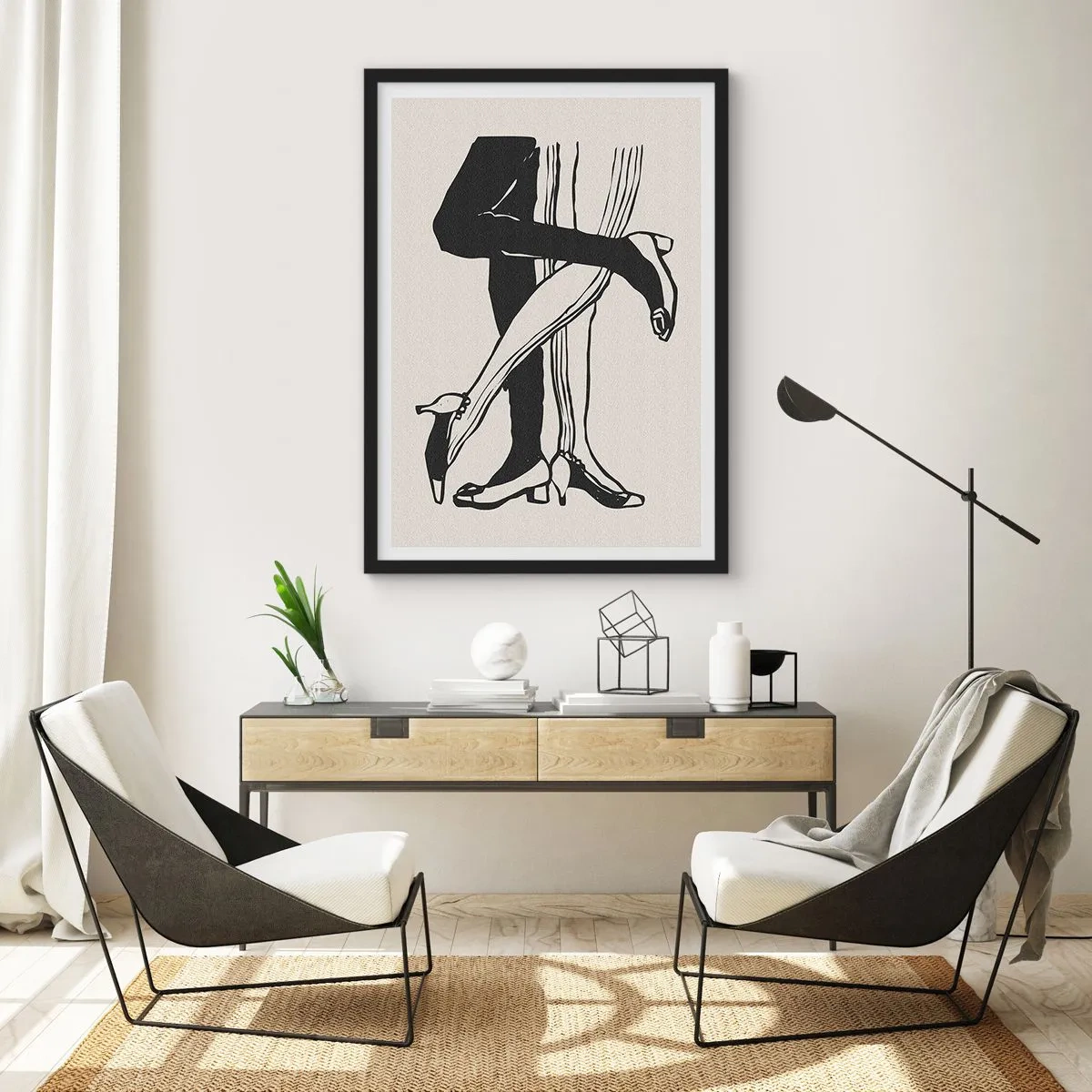 Poster în ramă neagră - Ilustrație alb-negru a picioarelor împletite care dansează - 50x70cm - Atributul feminin - Decorațiune modernă pentru perete pentru living și dormitor ARTTOR