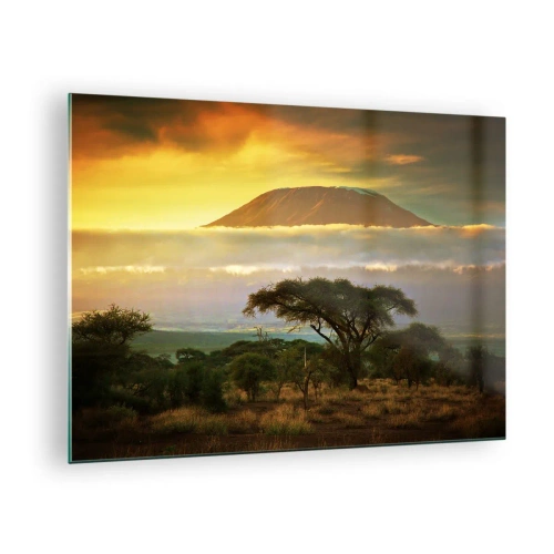 Tablou pe sticlă - Muntele Kilimanjaro înconjurat de nori pe fundalul savanei africane - 70x50cm - Visul unui călător - Decorațiune modernă pentru perete pentru living și dormitor ARTTOR