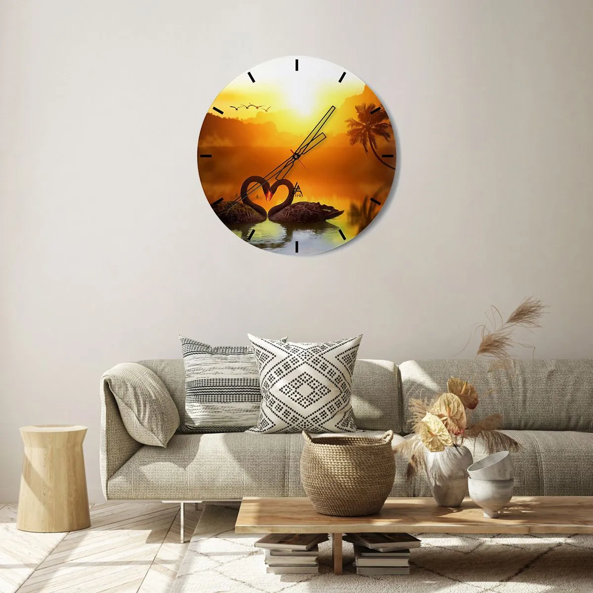 Ceas de perete - Ceas pe sticlă - Două lebede negre pe un lac la apus - 30x30cm - Fiecare cu pereche - Decorațiune modernă pentru perete pentru living, bucătărie și dormitor ARTTOR