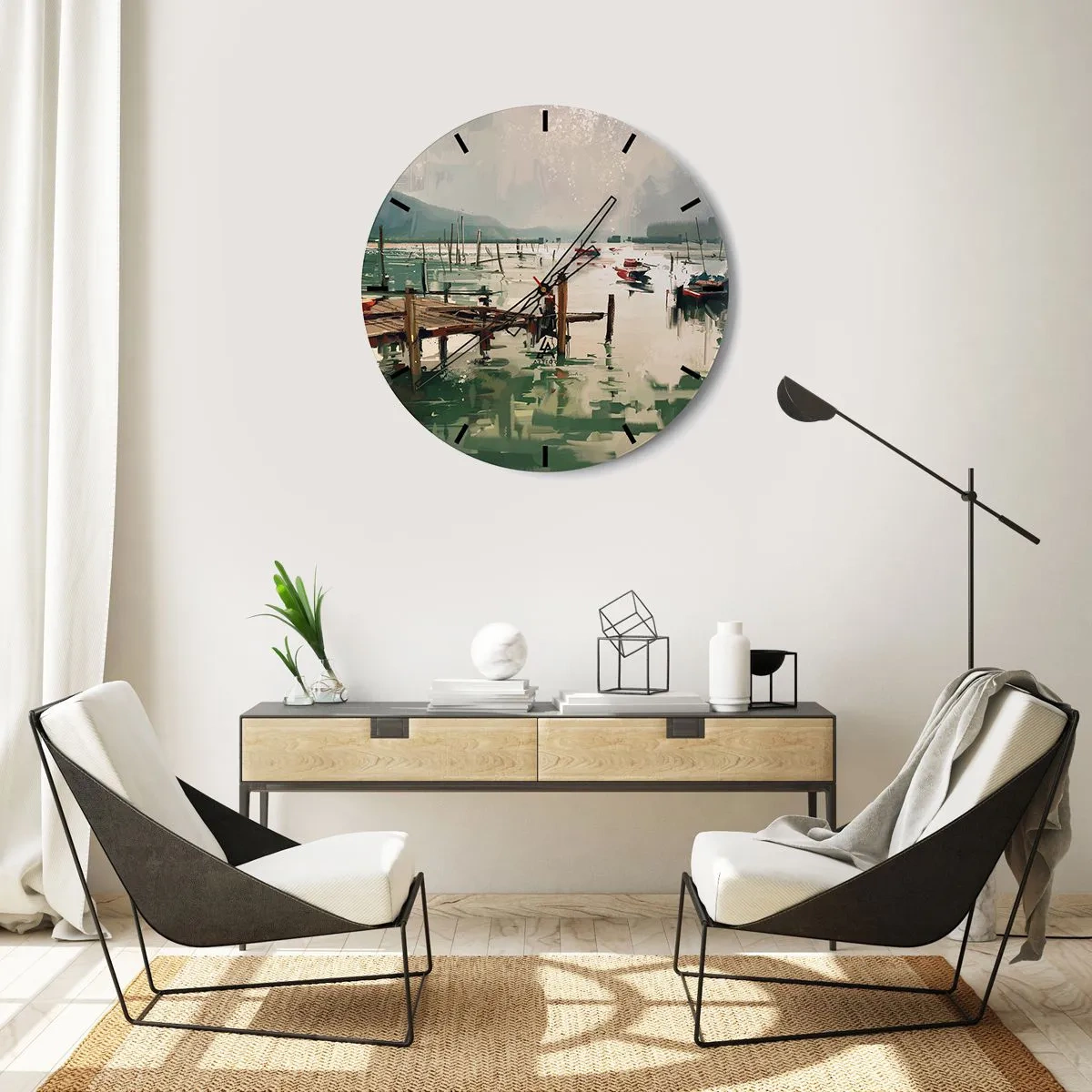 Ceas de perete - Ceas pe sticlă - Un dig atmosferic cu bărci pe ape calme - 30x30cm - Scufundat în luna topită - Decorațiune modernă pentru perete pentru living, bucătărie și dormitor ARTTOR