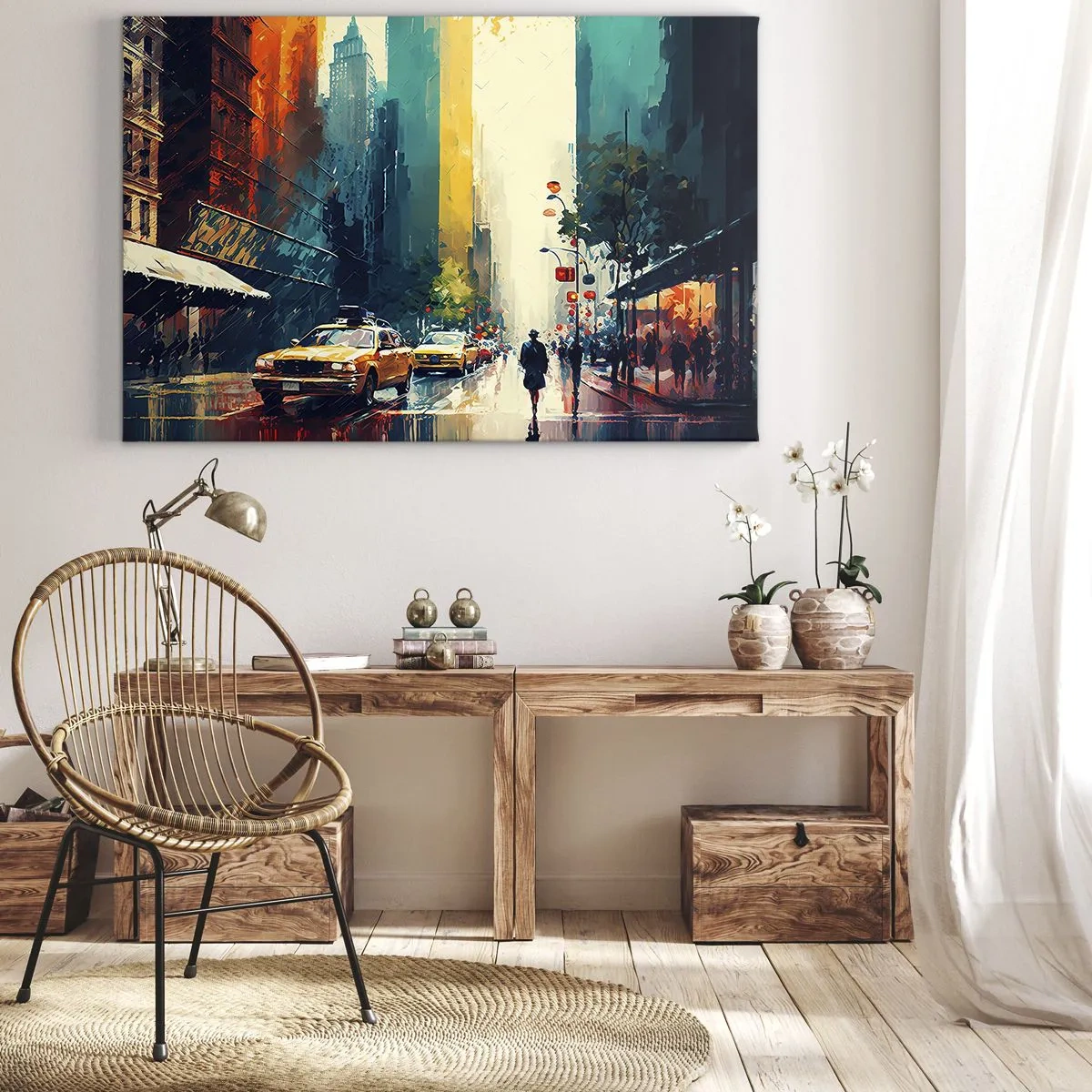 Tablou pe pânză Canvas - Un oraș aglomerat cu taxiuri și trecători - 70x50cm - New York - aici și ploaia este colorată - Decorațiune modernă pentru perete pentru living și dormitor ARTTOR