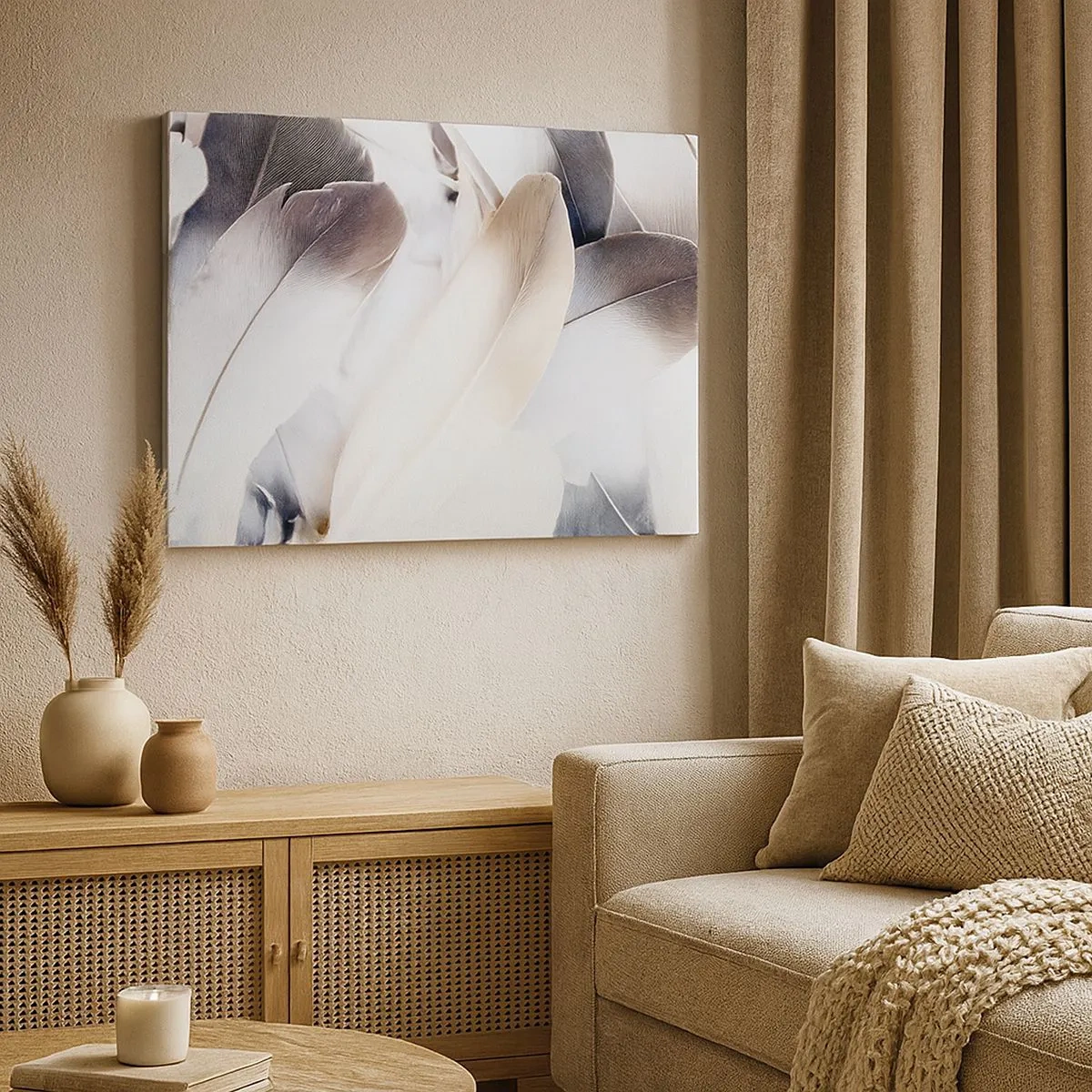 Tablou pe pânză Canvas - Prim-plan al unor pene delicate în nuanțe de alb și gri - 70x50cm - Aproape angelice - Decorațiune modernă pentru perete pentru living și dormitor ARTTOR