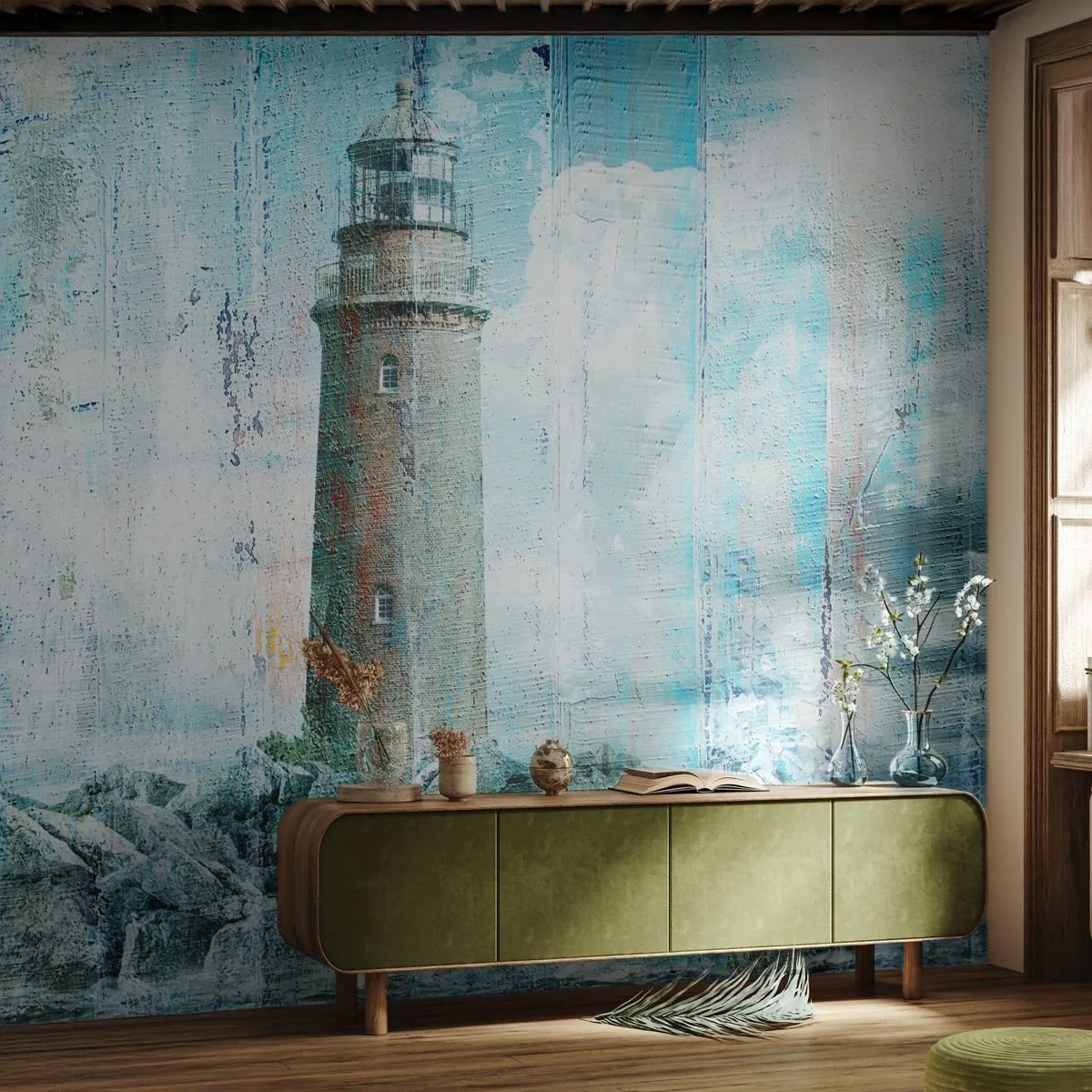 Tapet Standard Eco - Pe lemn vechi - Abstracția, Far, Mare - 250x175 cm