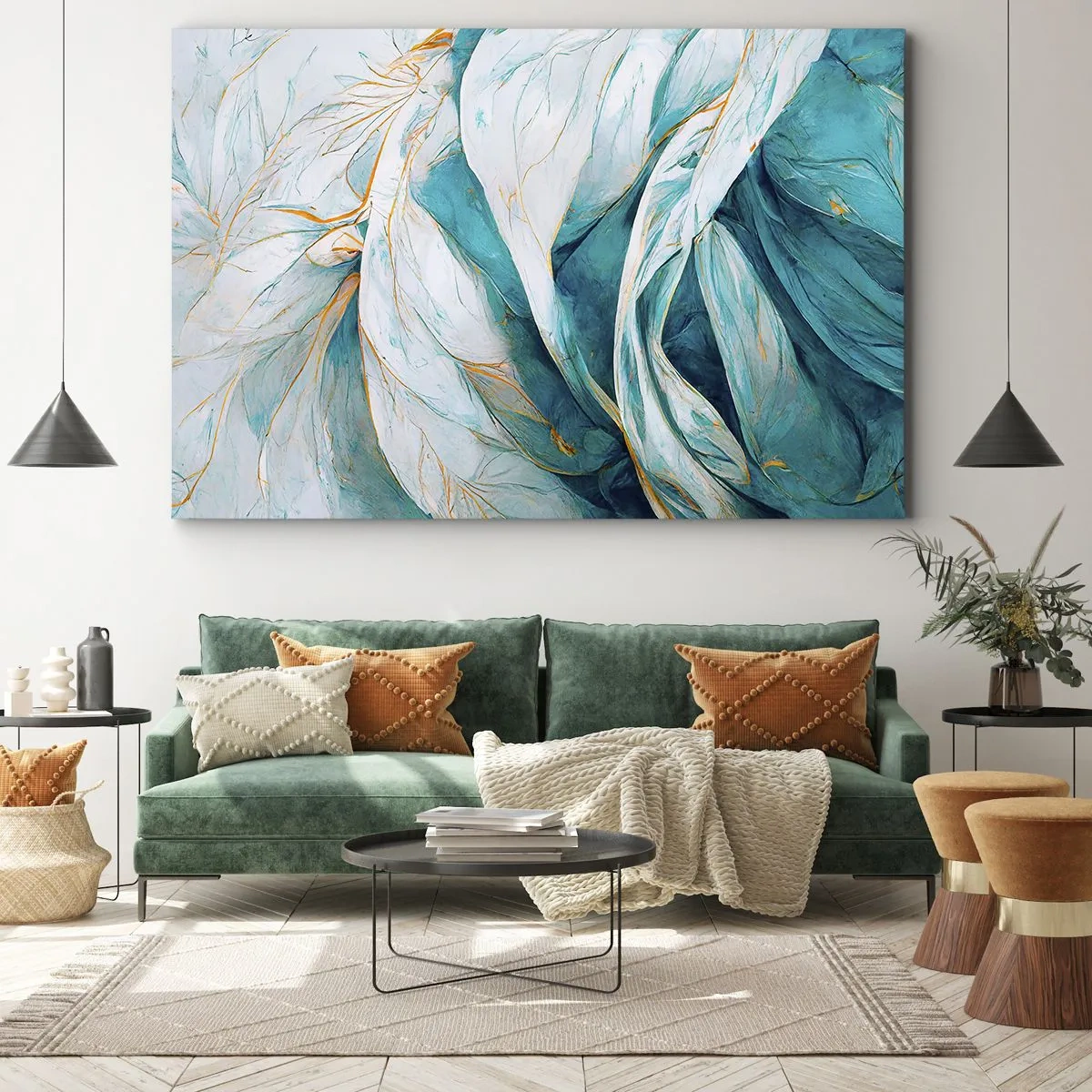 Tablou pe pânză Canvas - Frunze albastre abstracte cu detalii aurii - 70x50cm - Abstractul albastru cu motiv auriu - Decorațiune modernă pentru perete pentru living și dormitor ARTTOR