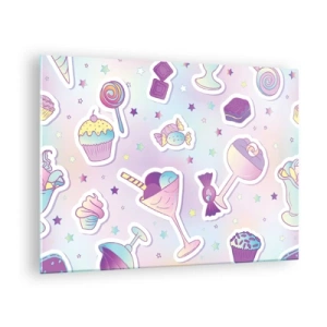 Tablou pe sticlă - Motiv de dulciuri colorate pe fundal pastelat - 70x50cm - Să ai o zi de naștere în fiecare zi - Decorațiune modernă pentru perete pentru living și dormitor ARTTOR
