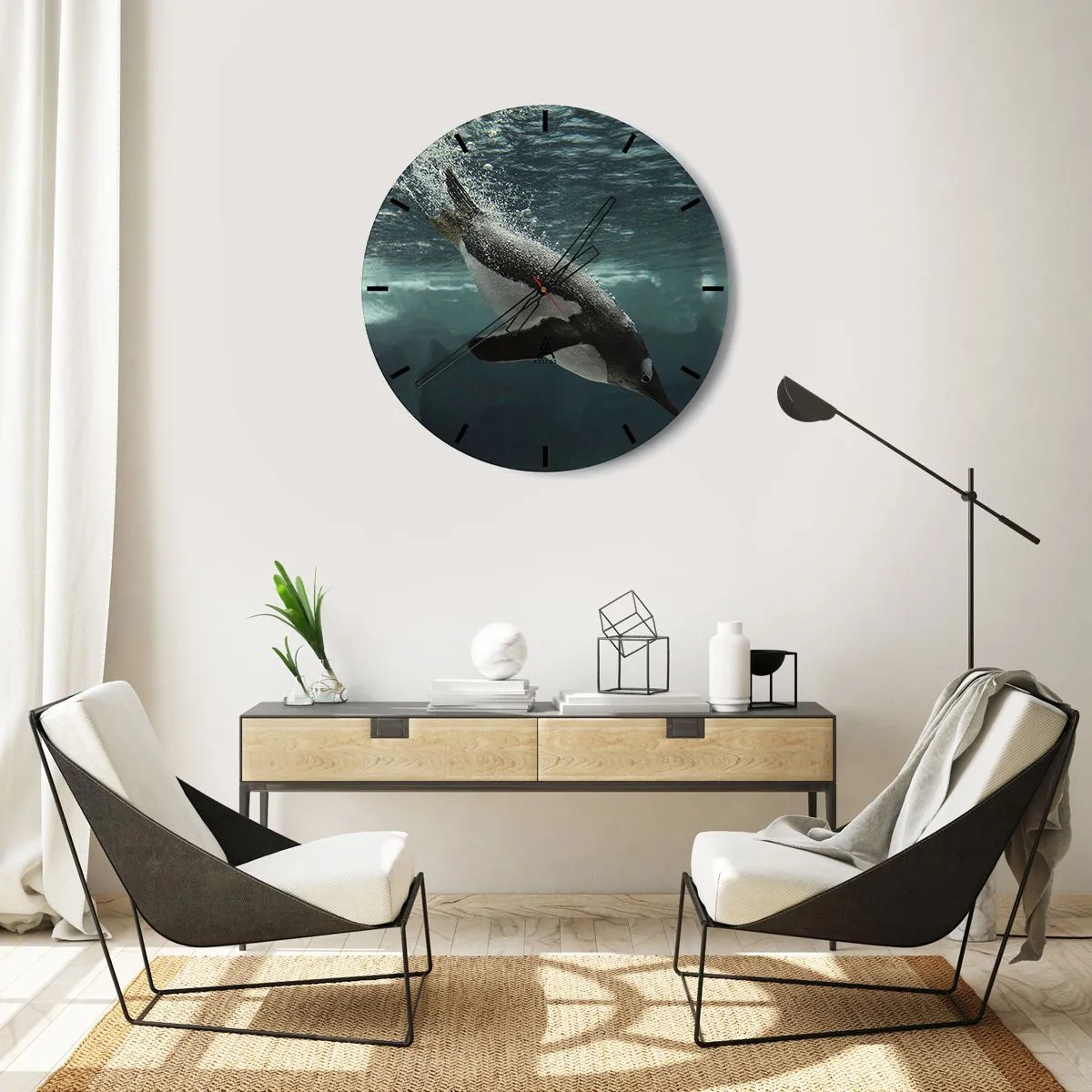 Ceas de perete - Ceas pe sticlă - O fotografie dinamică a unui pinguin înotând sub apă - 30x30cm - Bun venit în lumea mea - Decorațiune modernă pentru perete pentru living, bucătărie și dormitor ARTTOR