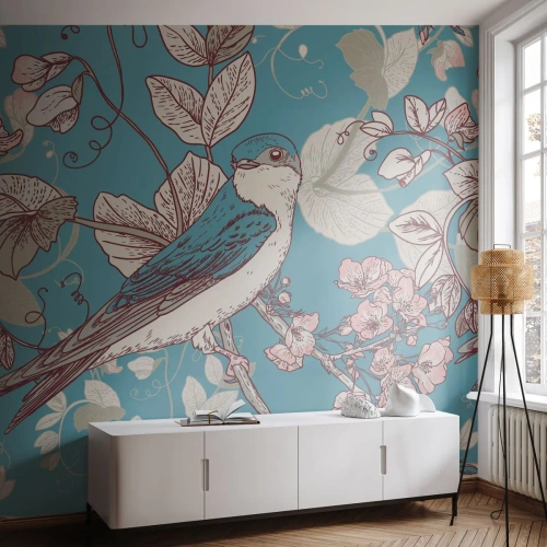 Tapet Standard Eco - Ciripit în florile albe - Abstracția, A inghiti, Pasăre - 300x210 cm