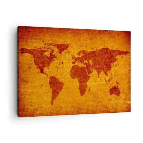 Tablou pe pânză Canvas - Hartă a lumii vintage pe fundal maro și auriu. - 70x50cm - Invitație la o călătorie - Decorațiune modernă pentru perete pentru living și dormitor ARTTOR