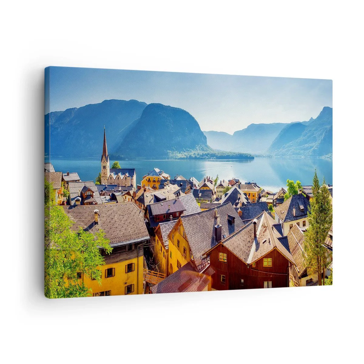 Tablou pe pânză Canvas - Un sat pitoresc pe malul unui lac, înconjurat de munți, într-o zi însorită - 70x50cm - Nici că se putea mai pitoresc - Decorațiune modernă pentru perete pentru living și dormitor ARTTOR