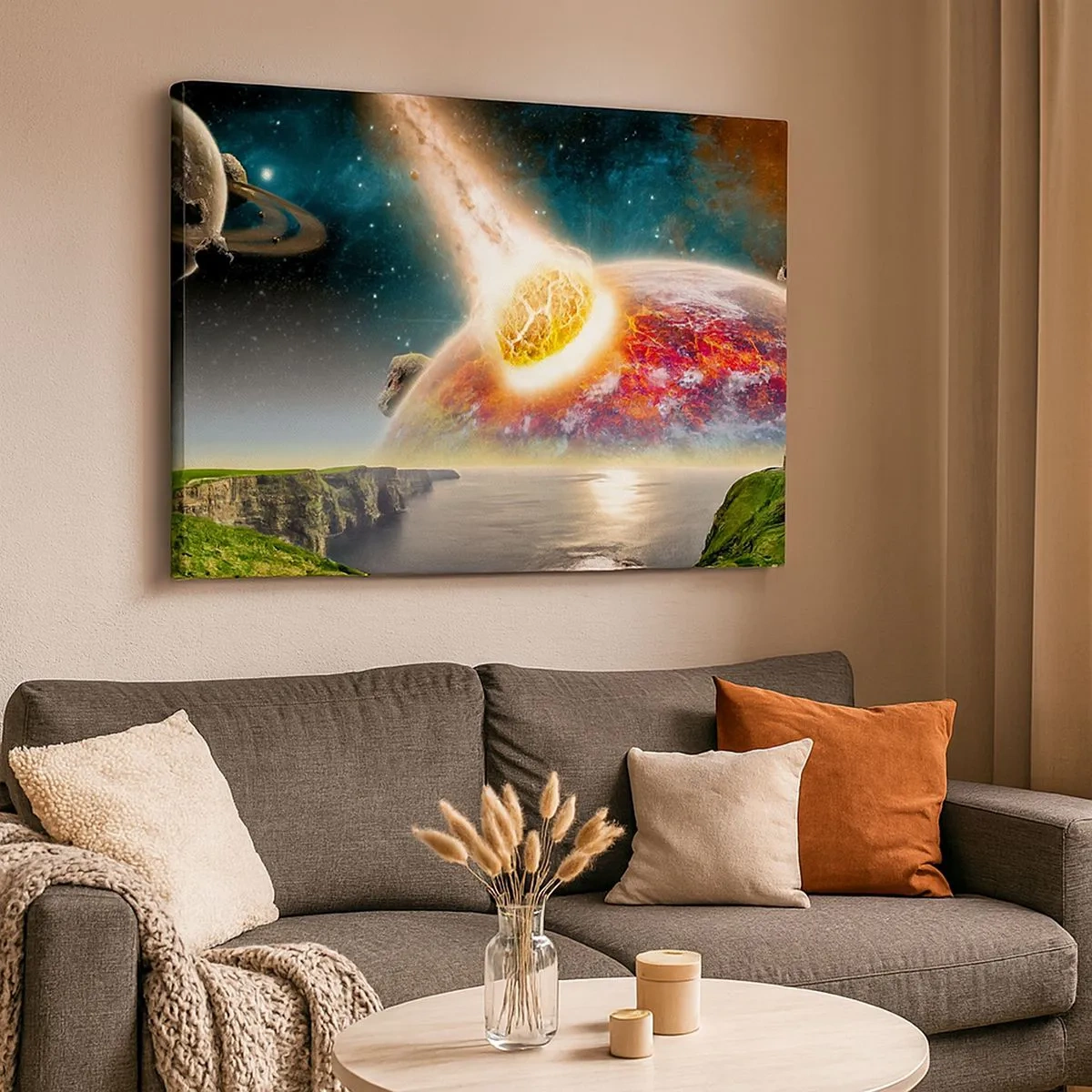 Tablou pe pânză Canvas - Un meteorit se ciocnește cu o planetă într-un peisaj cosmic. - 70x50cm - Drama spațială - Decorațiune modernă pentru perete pentru living și dormitor ARTTOR