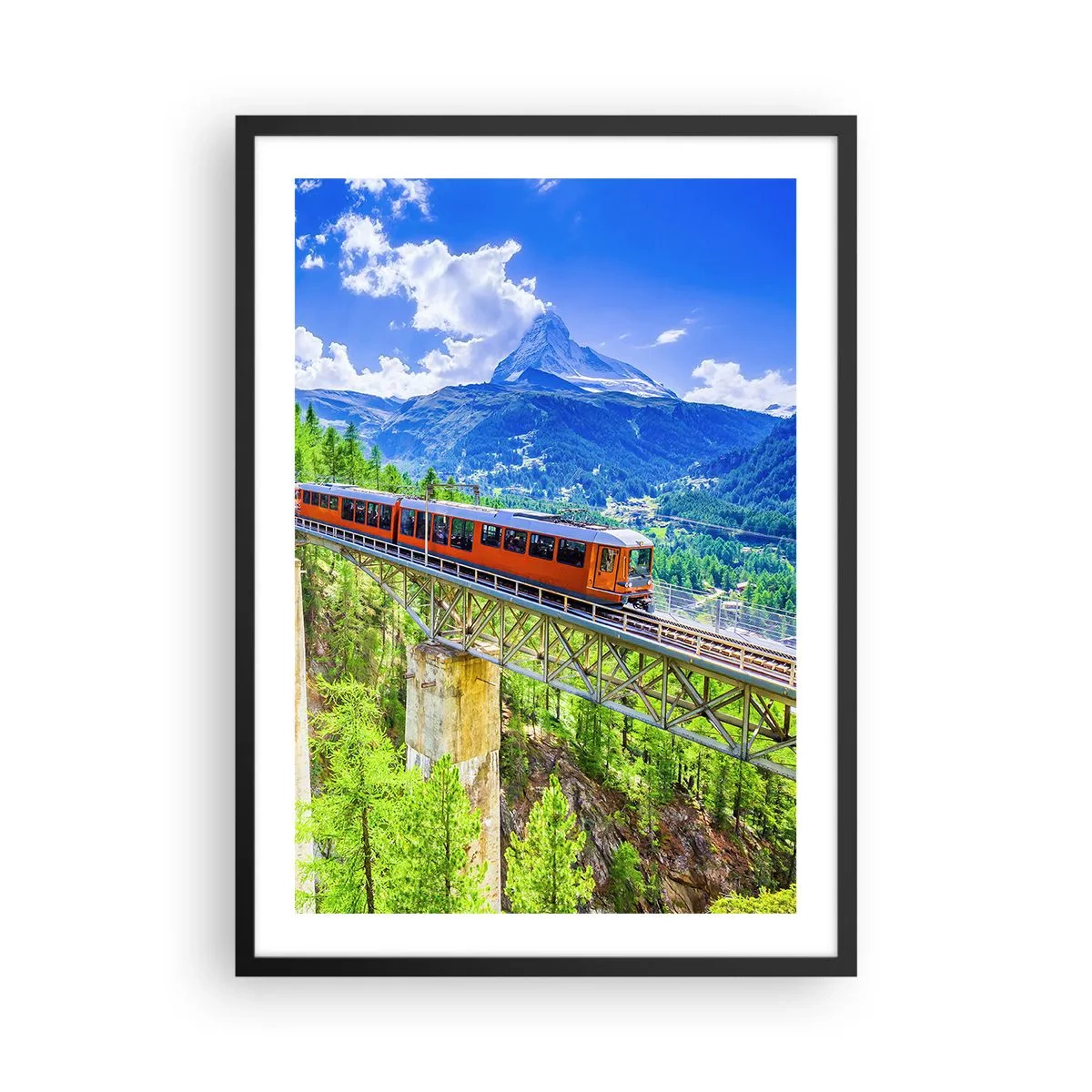Poster în ramă neagră - Un tren pe un pod din Alpi cu vedere spre Matterhorn - 50x70cm - Calea ferată din Alpi - Decorațiune modernă pentru perete pentru living și dormitor ARTTOR