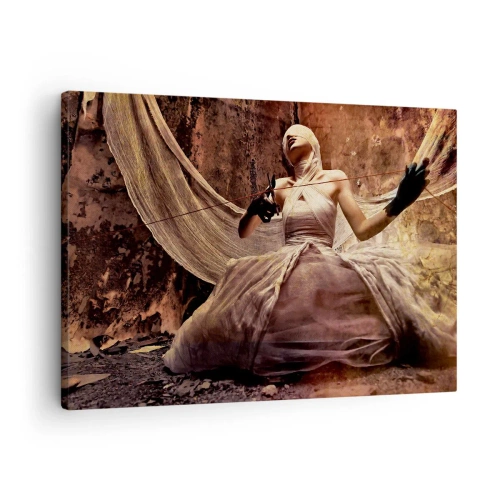 Tablou pe pânză Canvas - O femeie într-o rochie cu fața acoperită și foarfece în mâini - 70x50cm - Zeița destinului - Decorațiune modernă pentru perete pentru living și dormitor ARTTOR