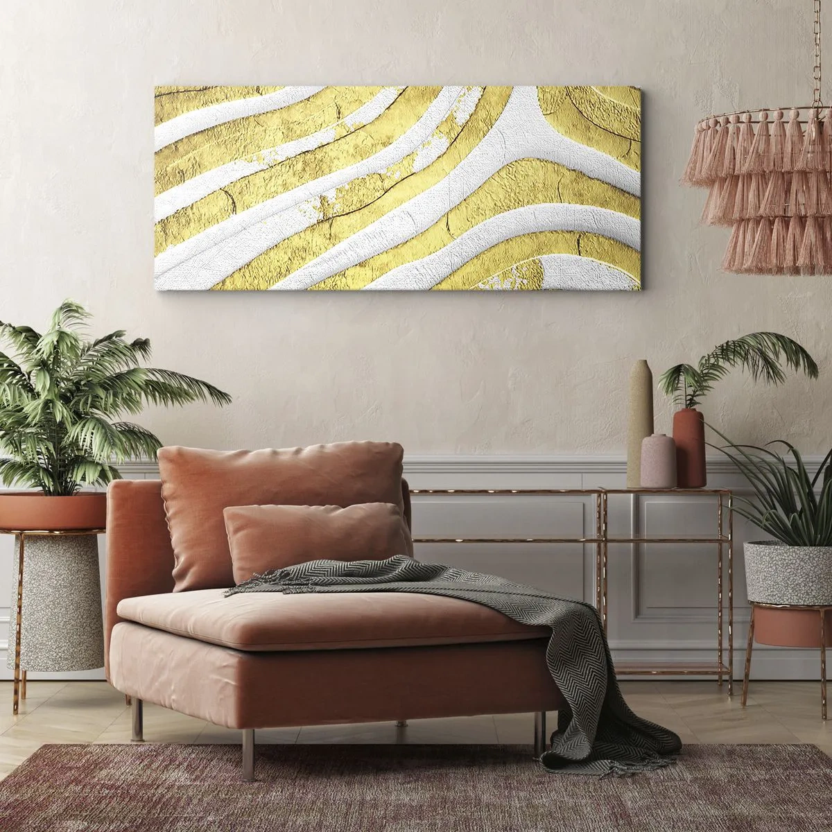 Tablou pe pânză - Compoziția în alb și auriu - 90x30 cm