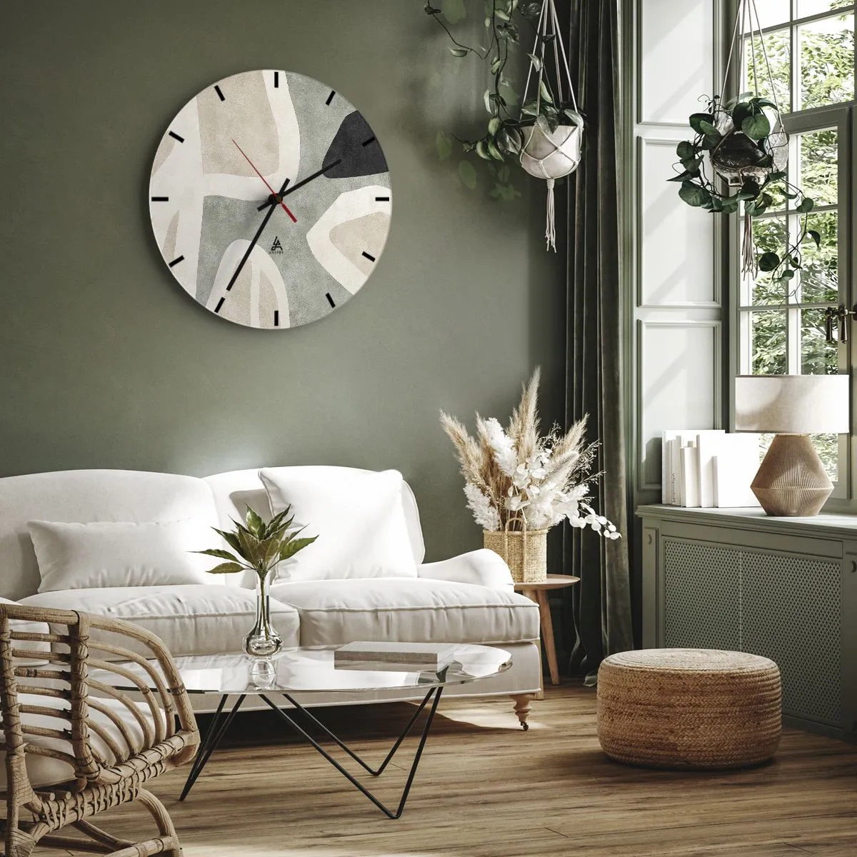 Ceas de perete - Ceas pe sticlă - Forme organice în bej, negru și verde pe un fundal deschis - 30x30cm - Compoziție cu motiv negru - Decorațiune modernă pentru perete pentru living, bucătărie și dormitor ARTTOR