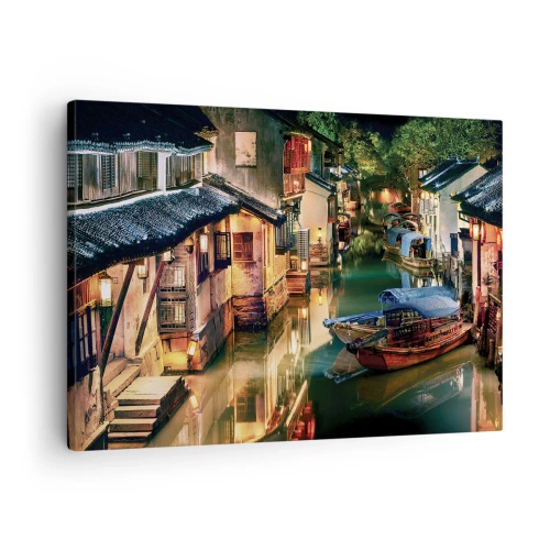 Tablou pe pânză Canvas - Vedere nocturnă a canalelor cu bărci și case tradiționale - 70x50cm - O seară pe o stradă chinezească - Decorațiune modernă pentru perete pentru living și dormitor ARTTOR