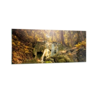 Tablou pe sticlă - Cascada de pădure în verde - 100x40 cm