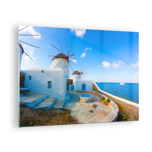 Tablou pe sticlă - Morile de vânt de pe coasta Mării Egee - 70x50cm - Vânt albastru dinspre mare - Decorațiune modernă pentru perete pentru living și dormitor ARTTOR
