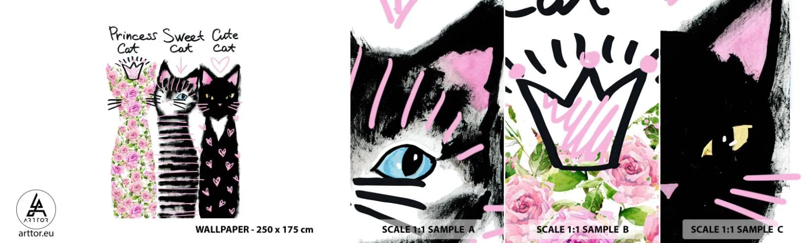 Mostră de Tapet Standard Eco - Trei pisici - Pentru copii, Pisică, Animale - 100x30 cm