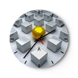 Ceas de perete - Ceas pe sticlă - O minge de aur printre cuburi de argint - 30x30cm - De ce eu? Compoziție geometrică - Decorațiune modernă pentru perete pentru living, bucătărie și dormitor ARTTOR