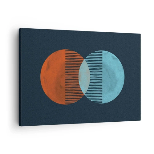 Tablou pe pânză Canvas - Două cercuri portocalii și albastre pe un fundal întunecat - 70x50cm - Fantezie astronomică - Decorațiune modernă pentru perete pentru living și dormitor ARTTOR