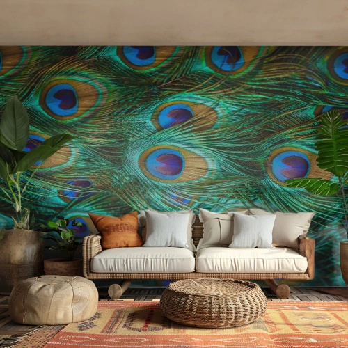 Tapet Standard Eco - Detaliu al penelor de păun cu un model și culori distinctive ale ochilor - 100x70cm - O privire cu ochi de păun - Decorațiune modernă pentru perete pentru living și dormitor ARTTOR