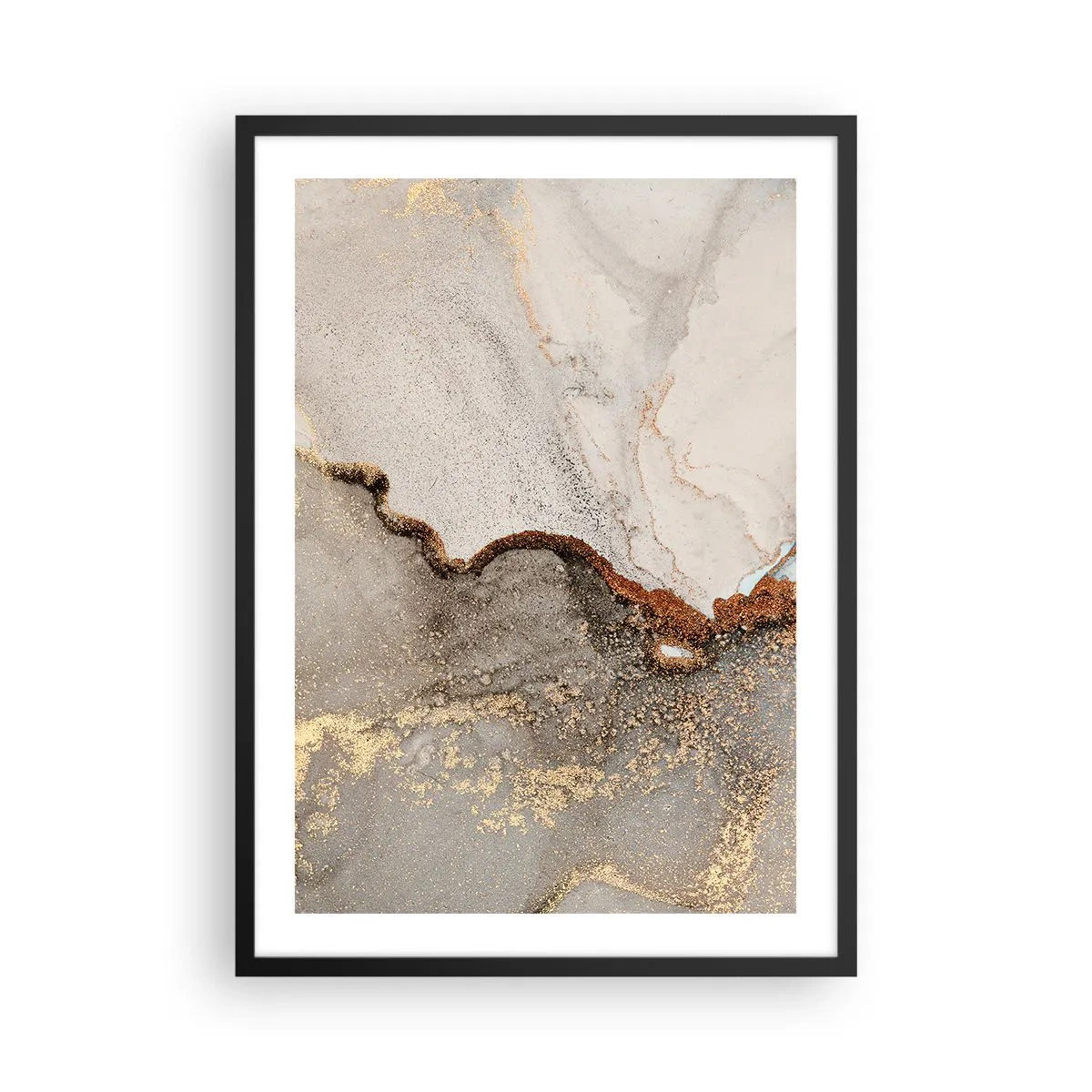 Poster în ramă neagră - Model abstract de marmură cu accente de aur și cupru - 50x70cm - La granița culorilor - Decorațiune modernă pentru perete pentru living și dormitor ARTTOR