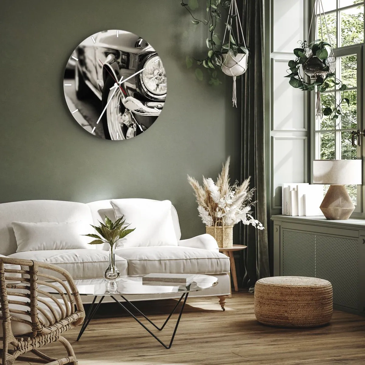 Ceas de perete - Ceas pe sticlă - Prim-plan al farului unei mașini clasice - 30x30cm - Strălucire durabilă - Decorațiune modernă pentru perete pentru living, bucătărie și dormitor ARTTOR