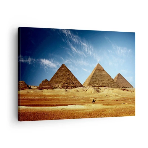 Tablou pe pânză Canvas - Piramidele din Giza pe fundalul unui cer albastru și al unui peisaj deșertic - 70x50cm - 40 de secole vă privesc - Decorațiune modernă pentru perete pentru living și dormitor ARTTOR