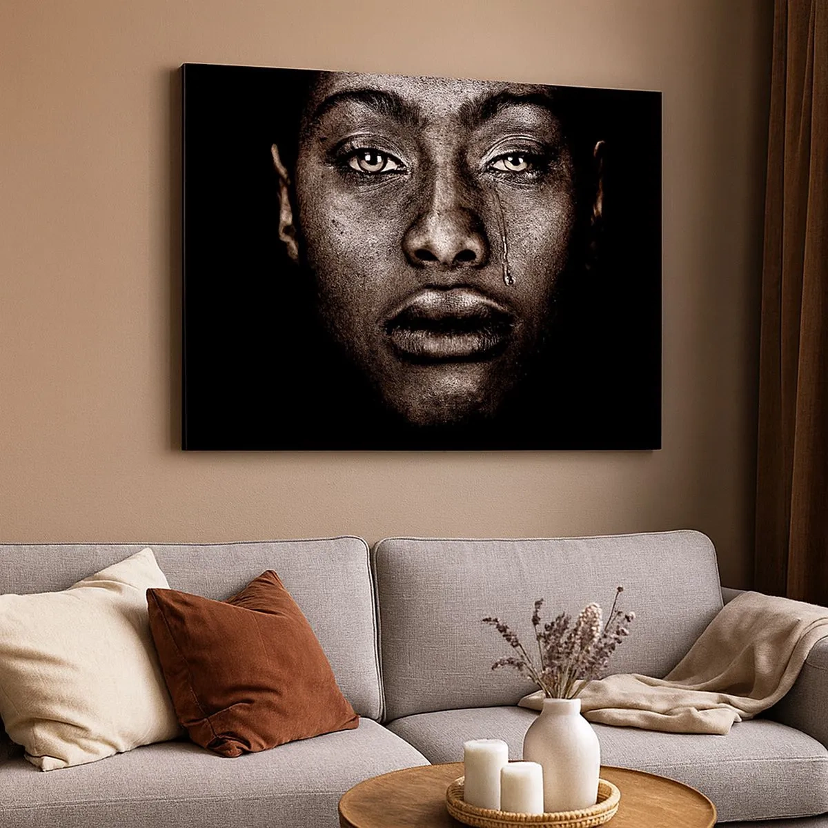 Tablou pe pânză Canvas - Portretul unei fețe cu o singură lacrimă pe fundal negru - 70x50cm - O singură lacrimă - Decorațiune modernă pentru perete pentru living și dormitor ARTTOR