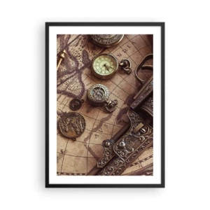 Poster în ramă neagră - O busolă, o hartă și obiecte de modă veche care simbolizează aventura - 50x70cm - Sugestii de aventură - Decorațiune modernă pentru perete pentru living și dormitor ARTTOR