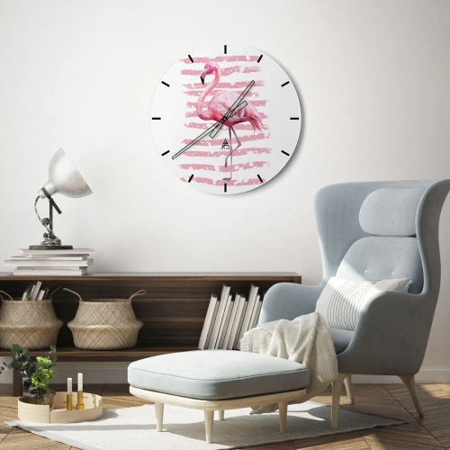 Ceas de perete - Ceas pe sticlă - Un flamingo roz pe un fundal alb cu dungi și roz - 30x30cm - Cu demnitate, chiar dacă în roz - Decorațiune modernă pentru perete pentru living, bucătărie și dormitor ARTTOR