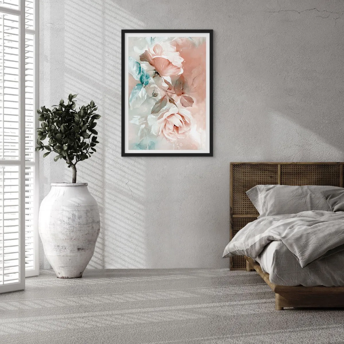 Poster în ramă neagră - O compoziție picturală de trandafiri în nuanțe pastelate - 50x70cm - Spiritul romantismului - Decorațiune modernă pentru perete pentru living și dormitor ARTTOR