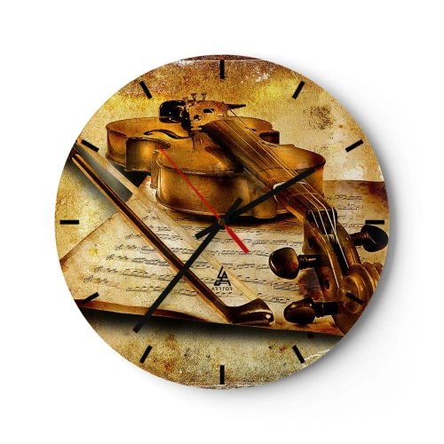Ceas de perete - Ceas pe sticlă - Un motiv de vioară cu note muzicale pe un fundal auriu - 30x30cm - Virtuozitate necesară imediat - Decorațiune modernă pentru perete pentru living, bucătărie și dormitor ARTTOR