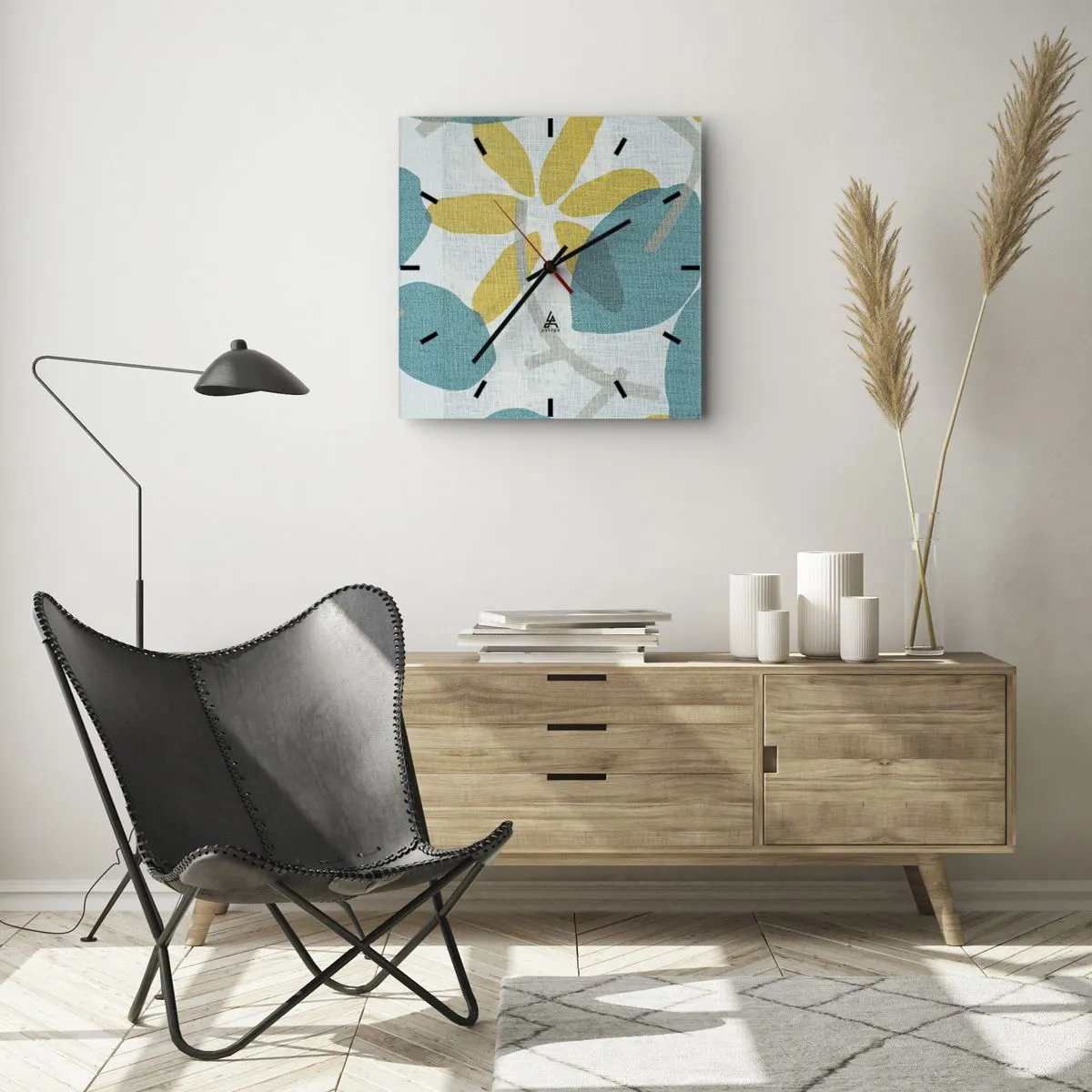 Ceas de perete - Ceas pe sticlă - Printre frunzele de azur - 40x40 cm