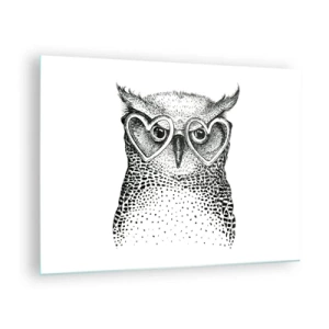 Tablou pe sticlă - Ilustrație a unei bufnițe purtând ochelari în formă de inimă - 70x50cm - Cu înțelepciune și dragoste - Decorațiune modernă pentru perete pentru living și dormitor ARTTOR