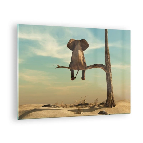 Tablou pe sticlă - Un elefant pe o creangă de copac într-un decor suprarealist - 70x50cm - Un nou punct de vedere - Decorațiune modernă pentru perete pentru living și dormitor ARTTOR