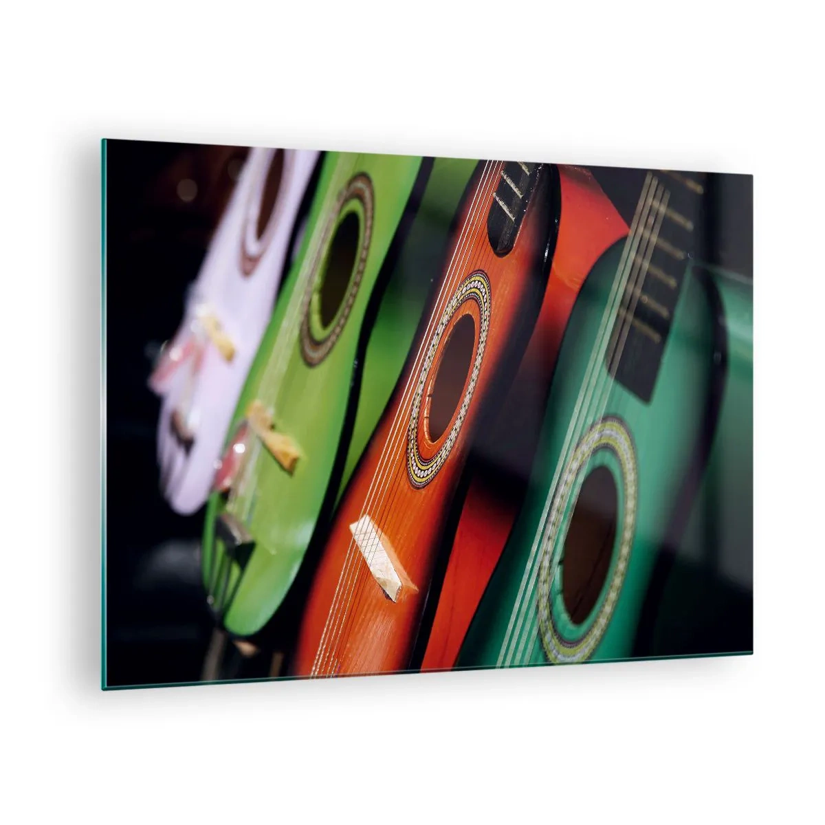 Tablou pe sticlă - Chitare colorate la rând - 70x50cm - Chitara are multe culori - Decorațiune modernă pentru perete pentru living și dormitor ARTTOR