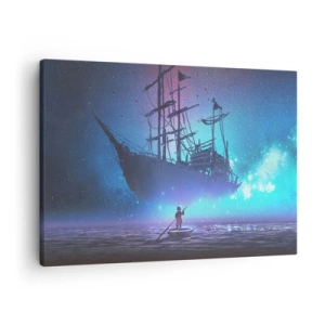 Tablou pe pânză Canvas - navă fantastică pe fundalul cerului înstelat - 70x50cm - Întâlnirea cu mitul mării - Decorațiune modernă pentru perete pentru living și dormitor ARTTOR