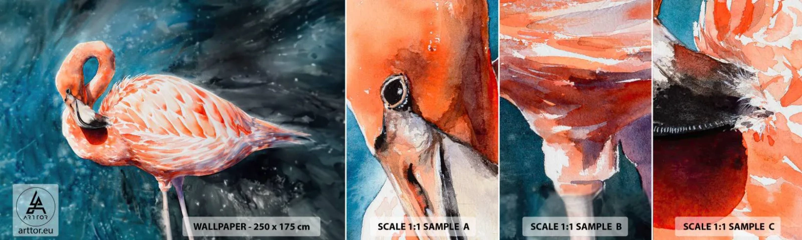 Mostră tapet autocolant Deluxe Sticker - Decorativ prin natură - Flamingo, Pasăre, Natură - 100x30 cm