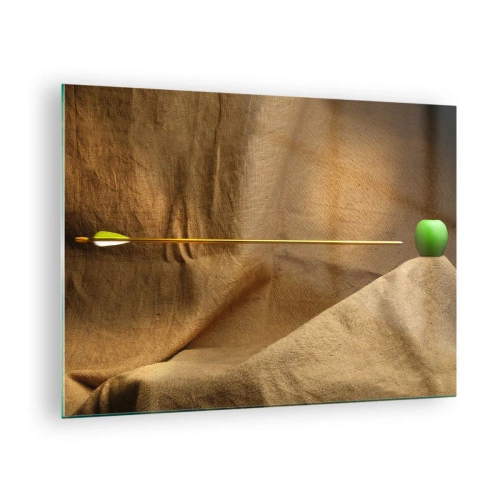 Tablou pe sticlă - Un măr verde pe un fundal bej, străpuns de o săgeată. - 70x50cm - Invocă spiritul lui William Tell - Decorațiune modernă pentru perete pentru living și dormitor ARTTOR
