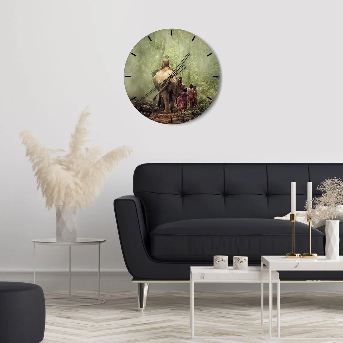Ceas de perete - Ceas pe sticlă - Copii și un elefant într-o pădure densă dimineața - 30x30cm - Noua Carte a Junglei - Decorațiune modernă pentru perete pentru living, bucătărie și dormitor ARTTOR