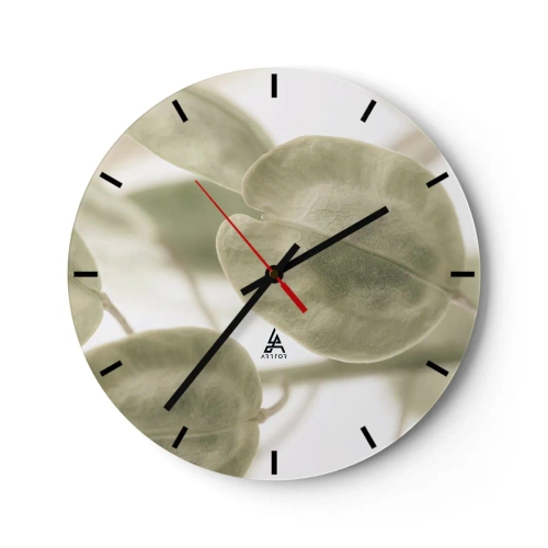 Ceas de perete - Ceas pe sticlă - Frunze subtile de un verde pastel pe un fundal deschis - 30x30cm - La început au fost frunzele... - Decorațiune modernă pentru perete pentru living, bucătărie și dormitor ARTTOR