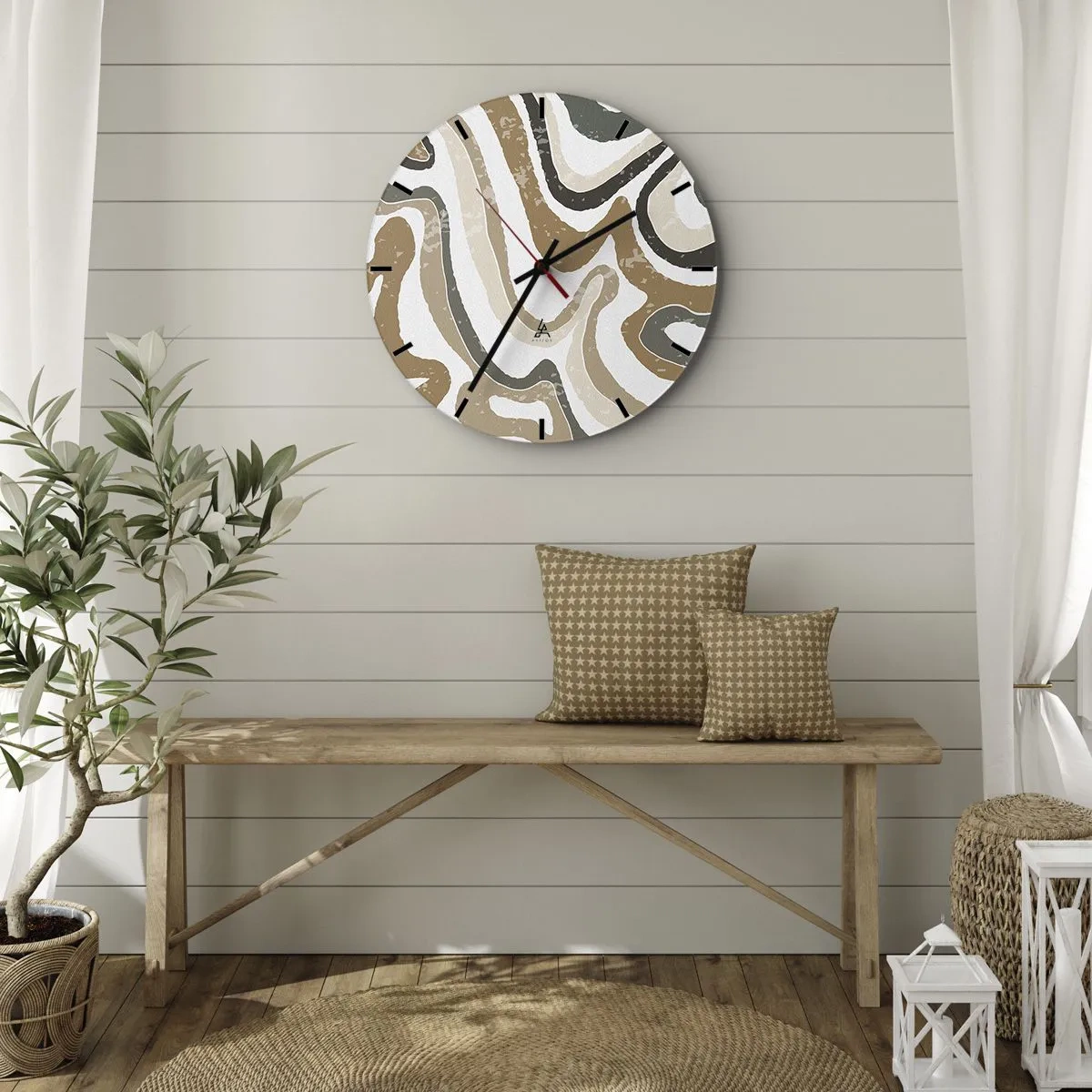 Ceas de perete - Ceas pe sticlă - Dungi șerpuitoare în tonuri de pământ pe un fundal alb - 30x30cm - Meandrele culorilor pământului - Decorațiune modernă pentru perete pentru living, bucătărie și dormitor ARTTOR
