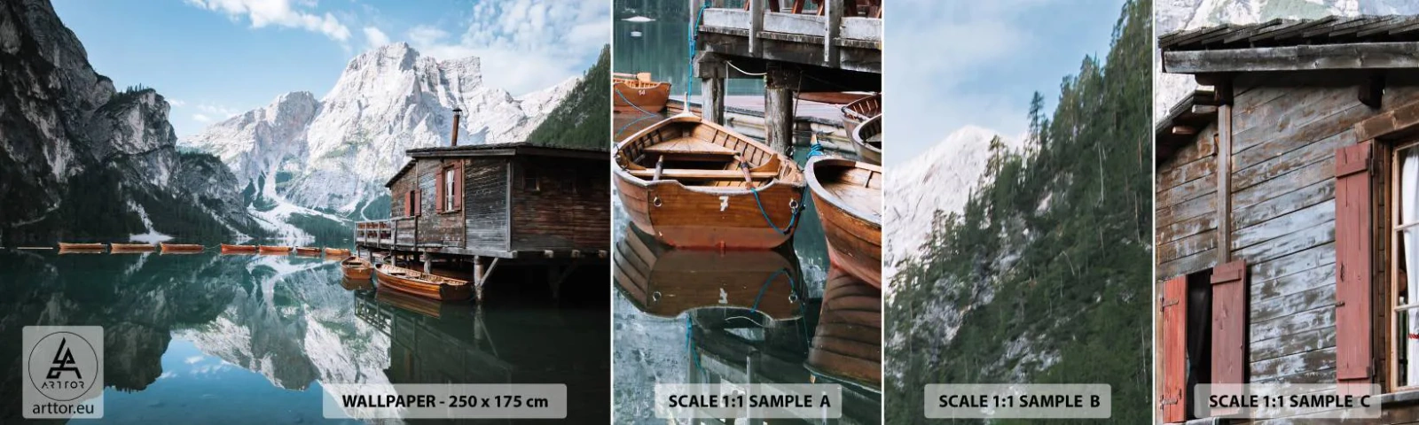 Mostră tapet autocolant Deluxe Sticker - Dimineață cristalină de munte - Peisaj montan, Soare, Lac - 100x30 cm